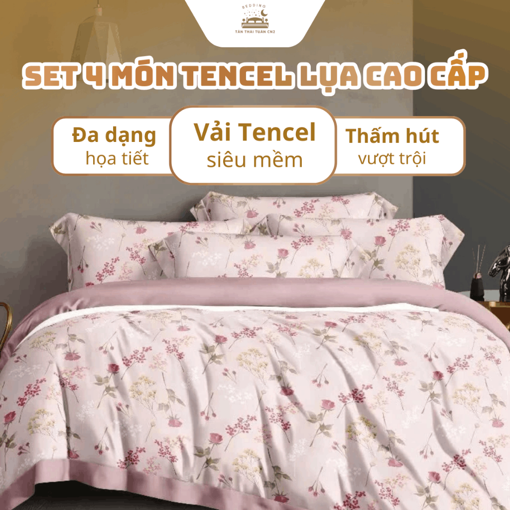 Bộ ga giường Tencel lụa cao cấp mát lạnh 4 món áo gối ôm có dây kéo mềm mịn không bao gồm mền