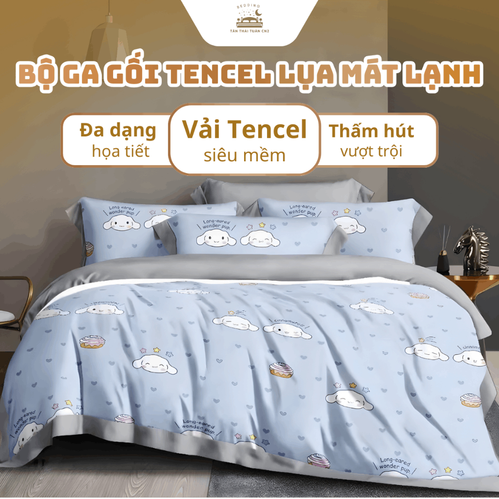 Bộ ga gối drap Tencel lụa cao cấp mát lạnh mềm mịn áo gối ôm có dây kéo không kèm mền