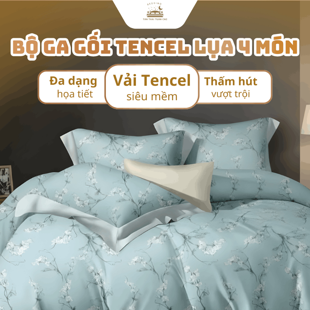Bộ ga giường Tencel lụa cao cấp 4 món mát lạnh thoáng khí áo gối ôm có dây kéo chắc chắn