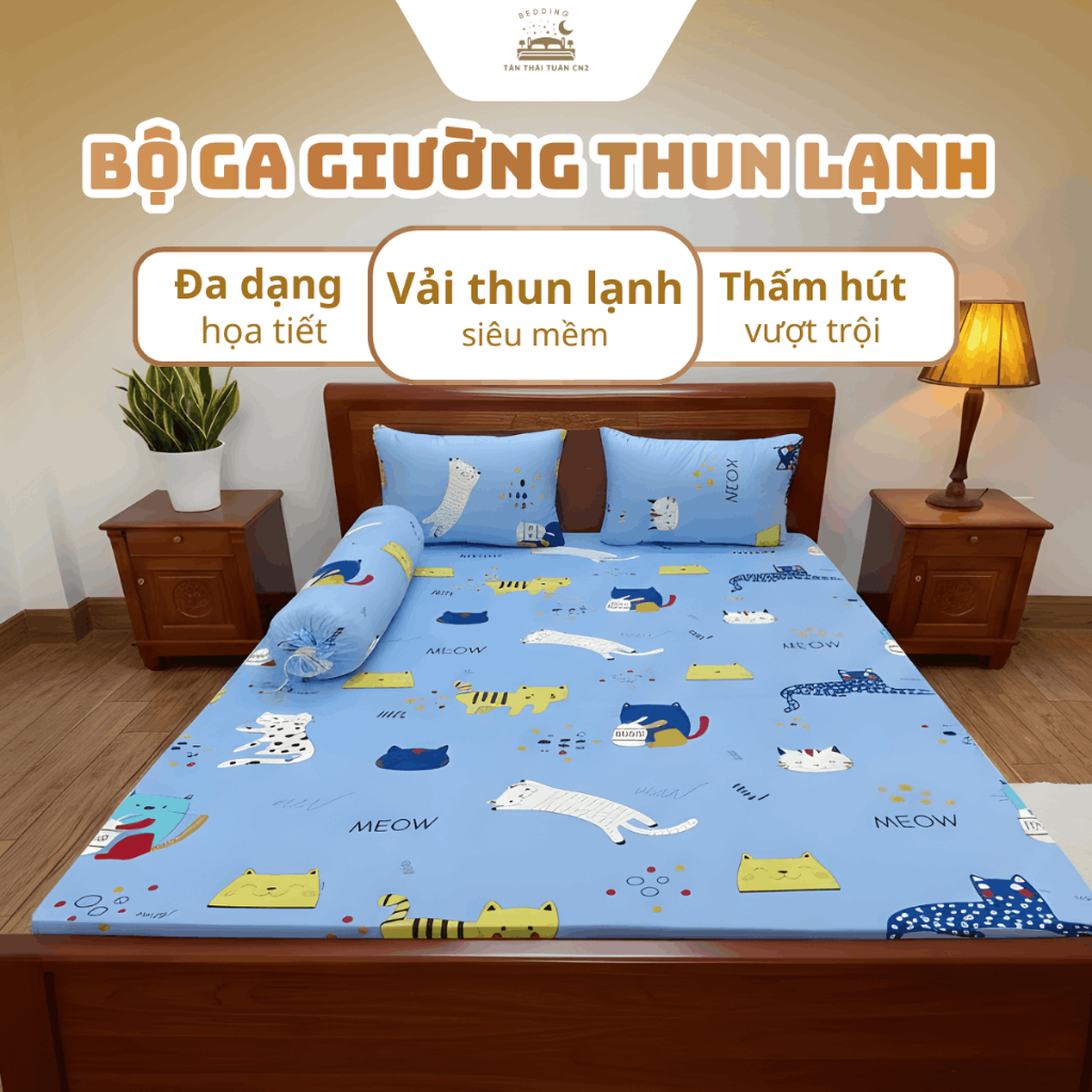Bộ ga giường thun lạnh Hàn Quốc 4 món gồm 1 drap giường 2 áo gối nằm 1 áo gối ôm mềm mát