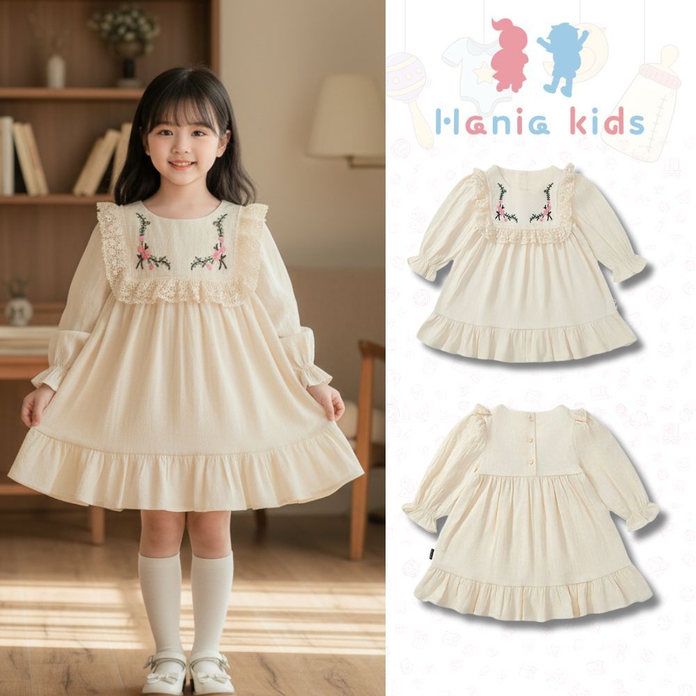 Váy Cho Bé Gái, BST Váy Dài Tay Cho Bé Gái Phong Cách Tiểu Thư Sang Chảnh Chất Liệu Cotton
