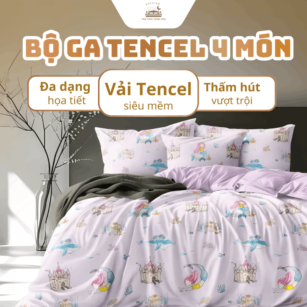 Bộ ga Tencel chính hãng gồm 4 món chất vải mềm mát áo gối ôm có dây kéo tiện lợi dễ dùng