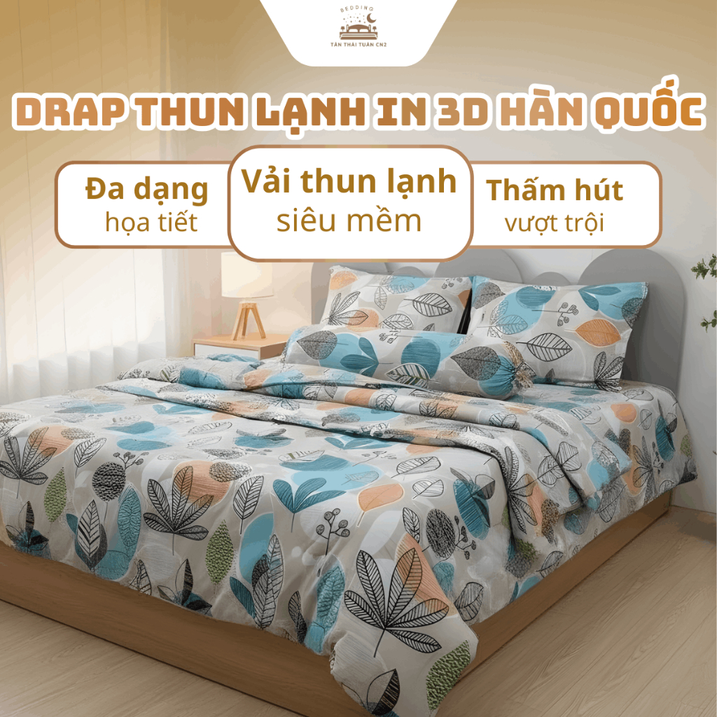 Bộ drap giường thun lạnh in 3D Hàn Quốc họa tiết sắc nét chất vải mềm mát co giãn ôm nệm