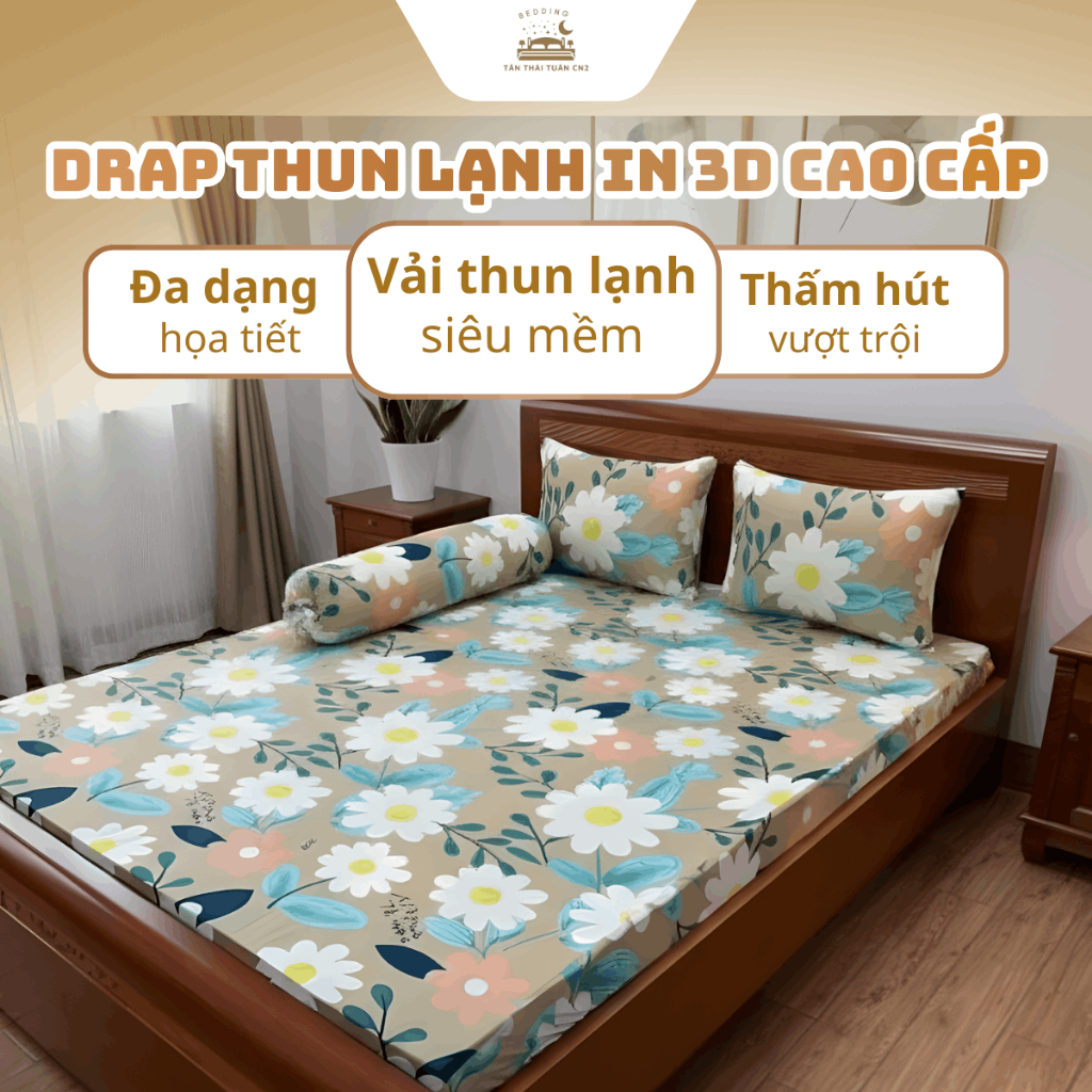 Bộ drap giường thun lạnh in 3D Hàn Quốc 4 món họa tiết sắc nét chất vải mềm mát co giãn