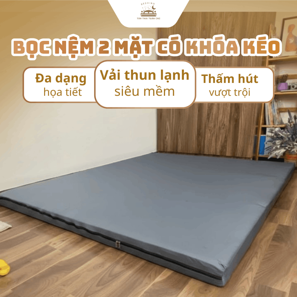 Áo bọc nệm hai mặt vải thun lạnh cao cấp có khóa kéo tiện lợi co giãn tốt ôm nệm chắc chắn
