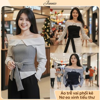 Áo Trễ Vai Thun Zip Phối Thô Kẻ Tiểu Thư Nơ Buộc Eo Tôn Dáng Thanh Lịch Mặc Đi Chơi Đi Cafe