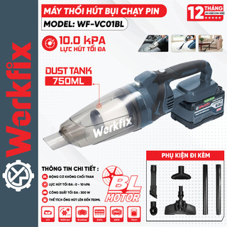 Máy Hút Bụi Gia Đình WORKFIX WF-VC01BL,Công Suất 300w, Động Cơ Không Chổi Than, Dung Tích Hút 750ml