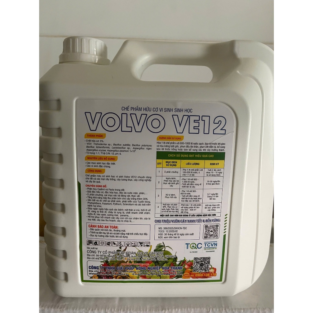 Chế phẩm vi sinh Volvo VE12 4.5L - 500 tỷ bào tử - Cải tạo đất – Kháng nấm – Phục hồi rễ
