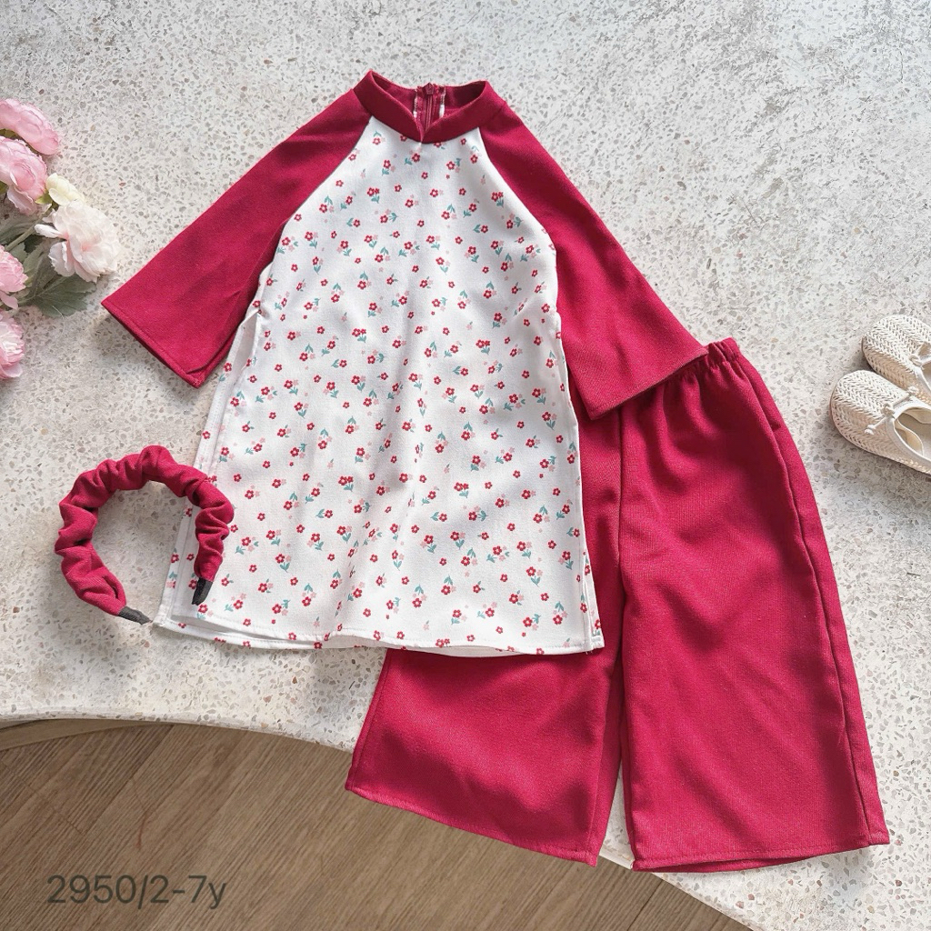 Set áo dài nhung hoa nhí cho bé gái OP kèm bờm – set áo dài Tết bé gái size 2-7 tuổi 11-30kg, chất nhung mềm cao cấp