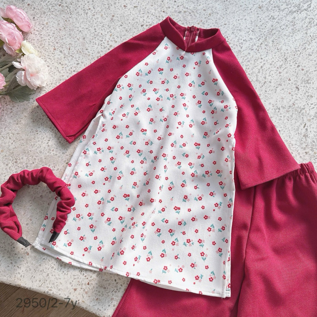 Set áo dài nhung hoa nhí cho bé gái OP kèm bờm – set áo dài Tết bé gái size 2-7 tuổi 11-30kg, chất nhung mềm cao cấp