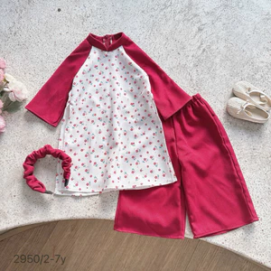 Set áo dài nhung hoa nhí cho bé gái OP kèm bờm – set áo dài Tết bé gái size 2-7 tuổi 11-30kg, chất nhung mềm cao cấp