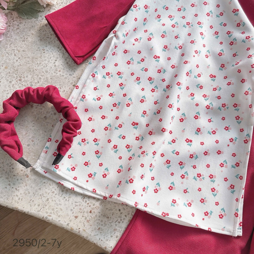 Set áo dài nhung hoa nhí cho bé gái OP kèm bờm – set áo dài Tết bé gái size 2-7 tuổi 11-30kg, chất nhung mềm cao cấp