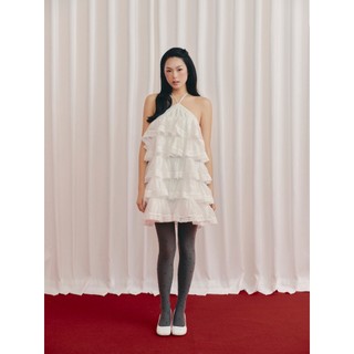 Đầm OLV suông cổ yếm xếp tầng White Chiffon Layered Ruffled Halter Mini Dress phù hợp đi tiệc