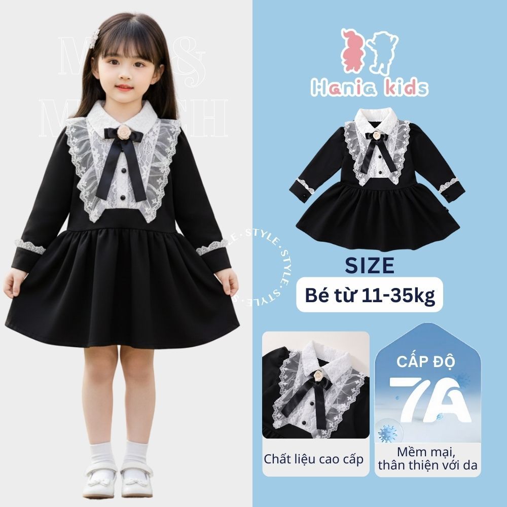 Váy Cho Tiểu Thư Dài Tay Cho Bé HANIA KIDS Phối Ren Cổ Nơ Thanh Lịch Chất Mềm Mịn Cao Cấp