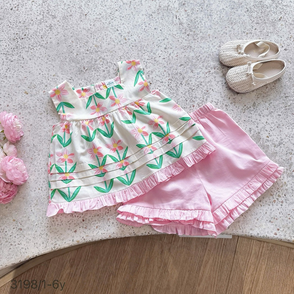 Set váy và bộ bé gái mùa hè OP chất thô cotton mềm mát, họa tiết xinh xắn, size 1-6 tuổi (9-26kg)