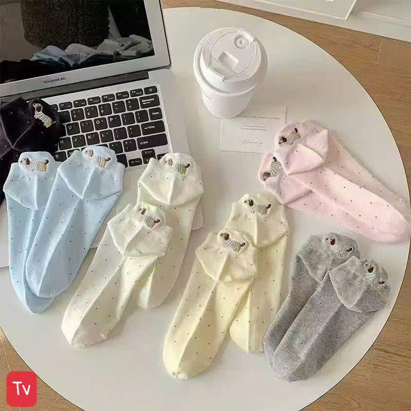 Set 10 Đôi Tất Nữ Cổ Ngắn Chấm Bi Dễ Thương – Vớ Nữ Cotton Mềm Mại, Thấm Hút Mồ Hôi, Co Giãn Tốt