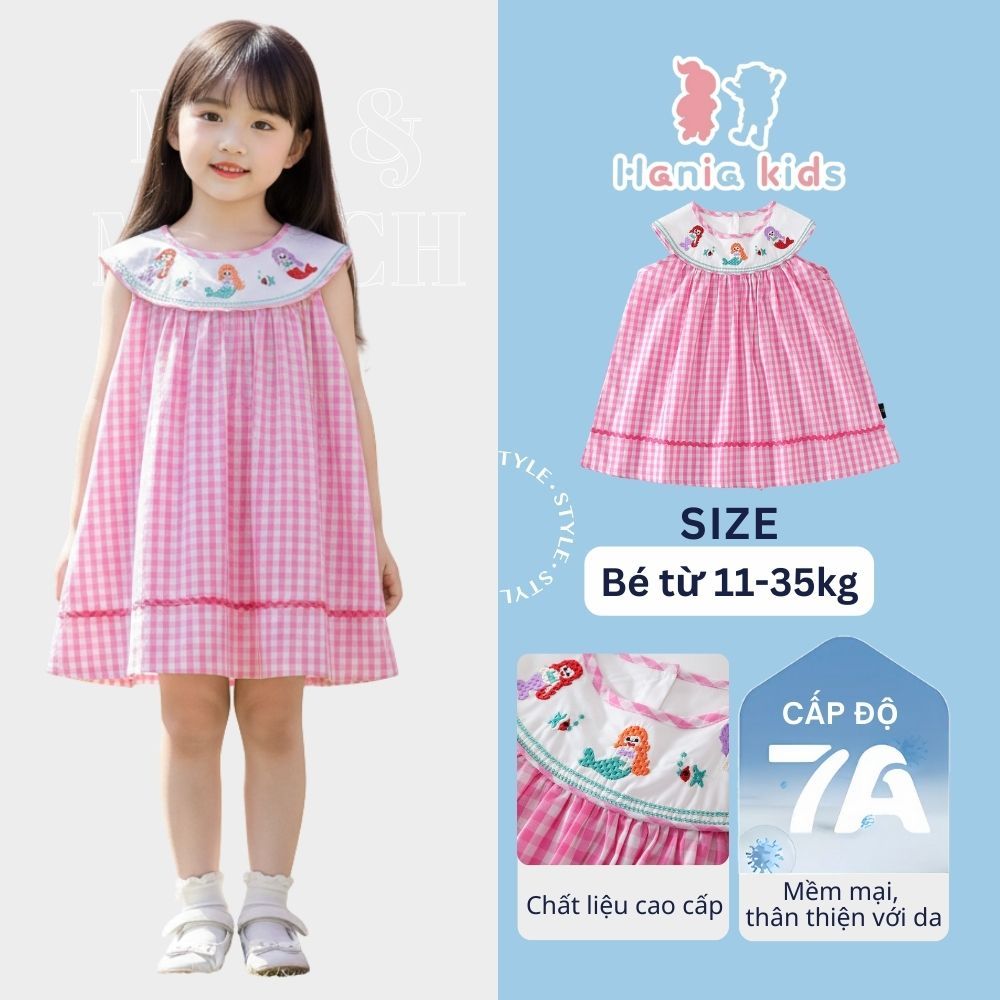 Váy Cho Bé Gái Áo Ba Lỗ Kẻ Caro Cổ Tròn Thêu Nàng Tiên Cá Dễ Thương, Mát Mẻ Cho Bé Gái Mùa Hè