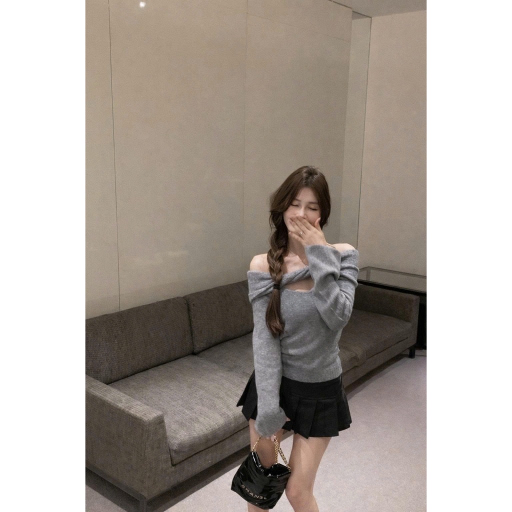 [CÓ SIZE] Áo Thun Trễ Vai Dài Tay Phối Dây Buộc Cổ RANSHI Xoắn Ngực Ôm Dáng Chất Len Lông Thỏ Mềm Ấm - RA352