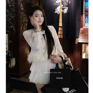 MIU.STUDIO • Set Áo ren lưới đính khuy đá phối viền lông mềm mịn cao cấp kèm chân váy ngắn xoè tầng tiểu thư (có sẵn)