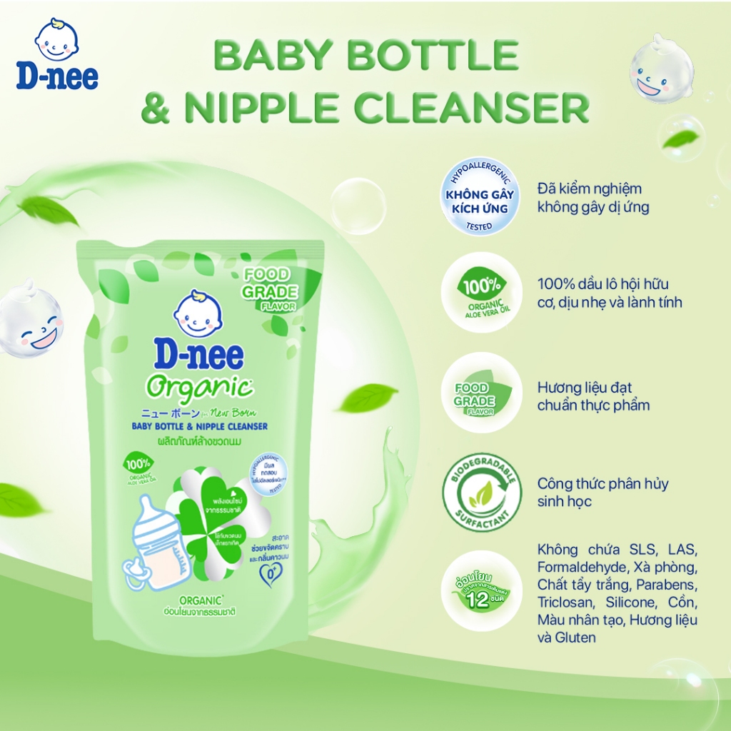 Combo 3 Nước rửa bình sữa D-nee từ nha đam hữu cơ, an toàn lành tính, khử khuẩn hiệu quả - Túi 550ml