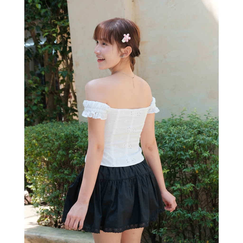Áo Kiểu Nữ IGULAS Top Trễ Vai Phối Dây Kéo Nhẹ Nhàng Nữ Tính SECODEE