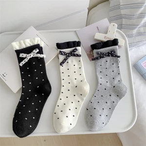 Vớ Tất nữ thêu nổi hình Nơ chấm bi cao cổ siêu dễ thương, xinh xắn