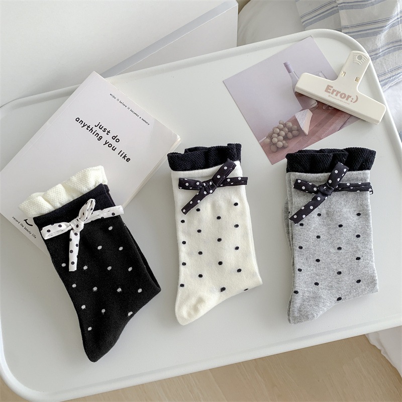 Vớ Tất nữ thêu nổi hình Nơ chấm bi cao cổ siêu dễ thương, xinh xắn