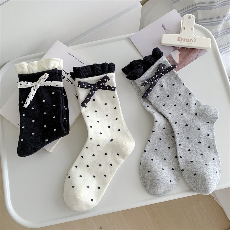 Vớ Tất nữ thêu nổi hình Nơ chấm bi cao cổ siêu dễ thương, xinh xắn