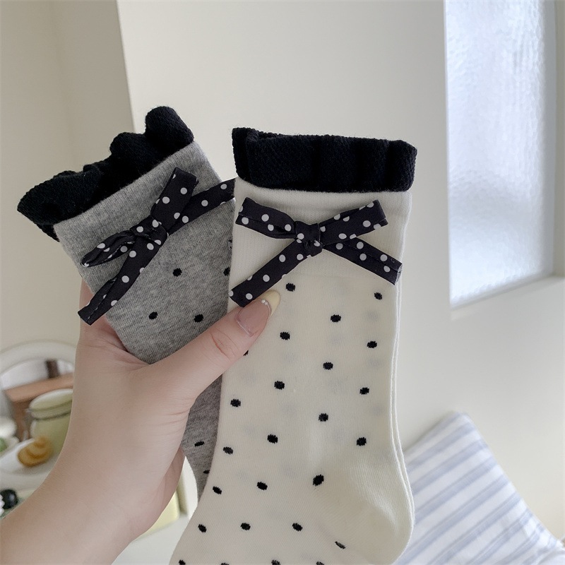 Vớ Tất nữ thêu nổi hình Nơ chấm bi cao cổ siêu dễ thương, xinh xắn