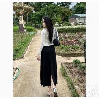 Chân Váy A Dáng Dài Midi Vải Len Lông Thỏ Co Giãn Lưng Chun Xẻ Sau Tôn Dáng Phong Cách Retro MA66