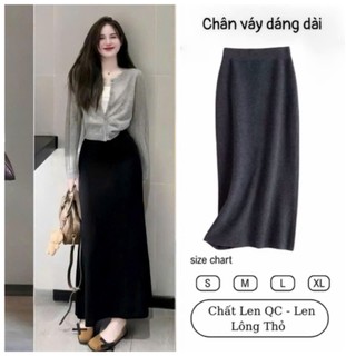 Chân Váy A Dáng Dài Midi Vải Len Lông Thỏ Co Giãn Lưng Chun Xẻ Sau Tôn Dáng Phong Cách Retro MA66