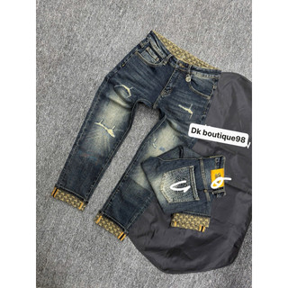 Quần Jean Nam Xanh mài Rách Nhẹ, Gấp Lai Họa Tiết, Form Ôm Trẻ Trung – Jean Nam Streetwear quảng châu siêu cấp