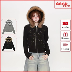 Áo khoác GRADPOPU dáng ngắn đính đinh tán với cổ lông lớn rộng rãi thoải mái dành cho nữ AK637