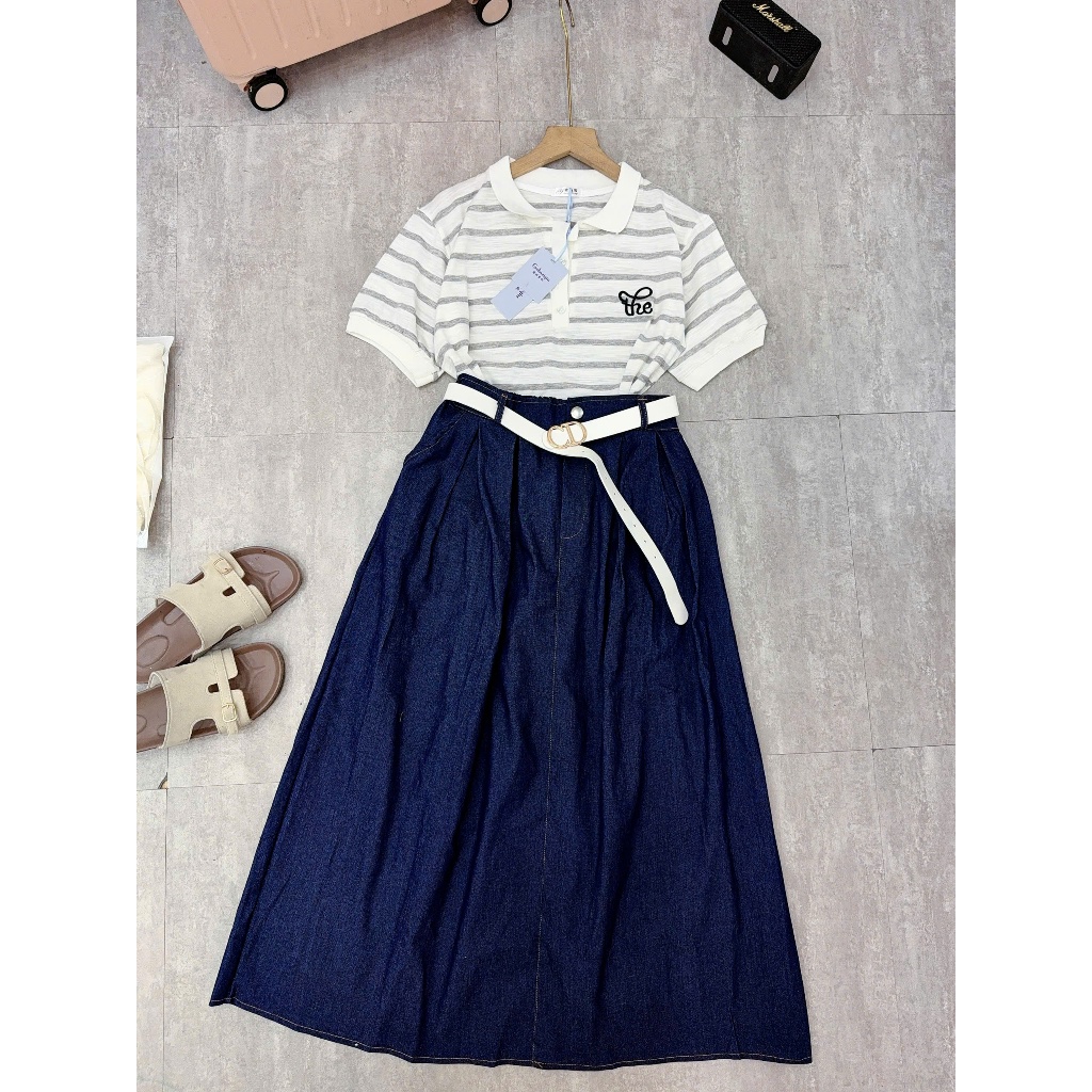 Set đồ nữ áo sơ mi nữ ngắn tay mix chân váy maxi trắng thanh lịch Lavil Boutique