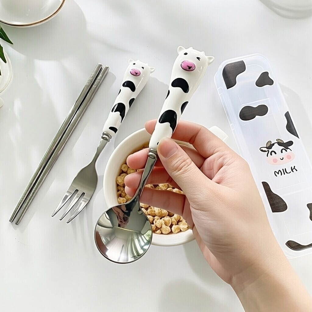 Bộ Đũa Muỗng Nĩa Hình Bò Sữa Dễ Thương – Bộ Đồ Ăn Cá Nhân Cho Sinh Viên, Trẻ Em