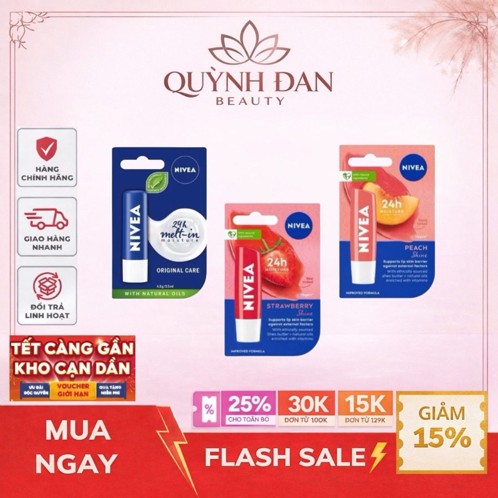 Son Dưỡng Ẩm Môi Chuyên Sâu NIVEA Original Care - Strawberry Shine - Peach Shine (4.8 g) .