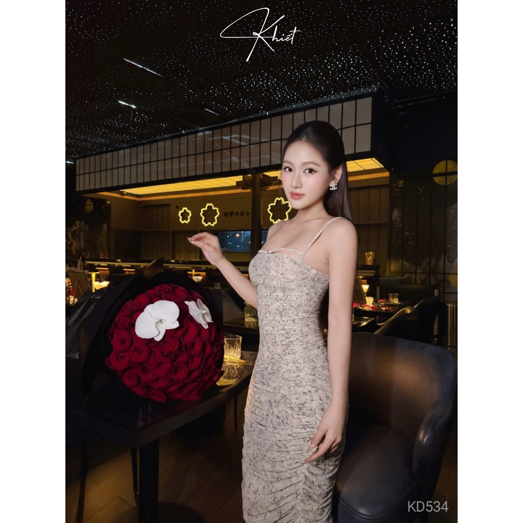 Đầm body nhúng 2 dây Khiết phối dây đính đá phong cách quyến rũ KD534