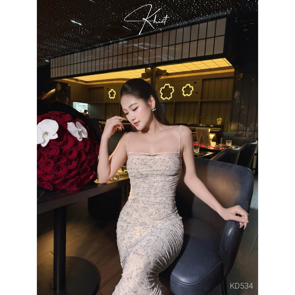 Đầm body nhúng 2 dây Khiết phối dây đính đá phong cách quyến rũ KD534