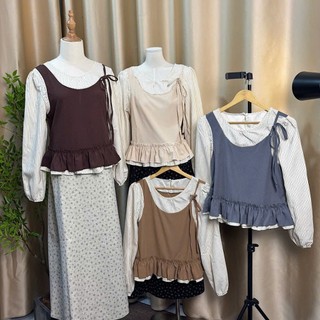Set áo tay dài nữ kèm yếm len may liền họa tiết trơn viền bèo tầng form dáng rộng style Thu đông Hàn hàng QCCC.