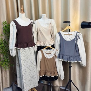 Set áo tay dài nữ kèm yếm len may liền họa tiết trơn viền bèo tầng form dáng rộng style Thu đông Hàn hàng QCCC.