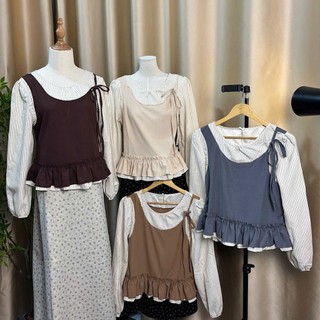 Set áo tay dài nữ kèm yếm len may liền họa tiết trơn viền bèo tầng form dáng rộng style Thu đông Hàn hàng QCCC.