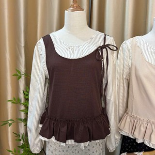 Set áo tay dài nữ kèm yếm len may liền họa tiết trơn viền bèo tầng form dáng rộng style Thu đông Hàn hàng QCCC.