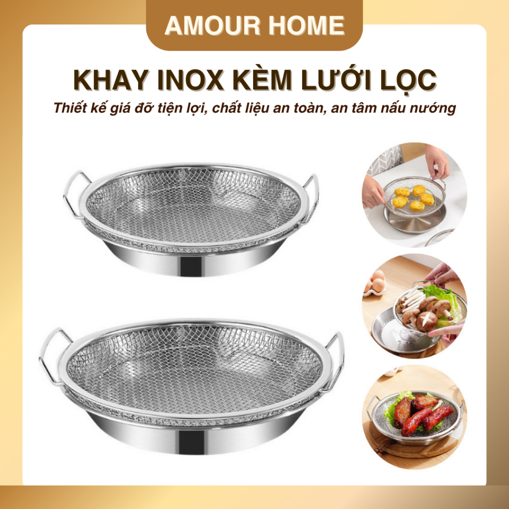 [FREESHIP] Set Khay Kèm Vỉ Lưới Lọc Dầu Chất Liệu Inox 304 Cao Cấp Size 20-22, Đựng Thực Phẩm, Đồ Ăn
