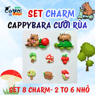 Set Charm Capybara cưỡi rùa-Set 8 món Khu Rừng Pastel – Capybara Mẹ Con, Rùa Xanh, Nấm Đỏ, Cây Trái Tim, Trái Cây