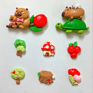 Set Charm Capybara cưỡi rùa-Set 8 món Khu Rừng Pastel – Capybara Mẹ Con, Rùa Xanh, Nấm Đỏ, Cây Trái Tim, Trái Cây