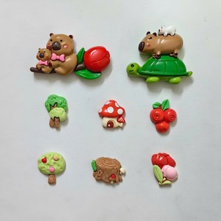 Set Charm Capybara cưỡi rùa-Set 8 món Khu Rừng Pastel – Capybara Mẹ Con, Rùa Xanh, Nấm Đỏ, Cây Trái Tim, Trái Cây