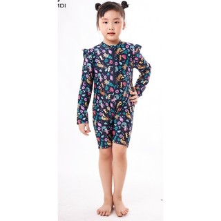 (1-8 tuổi) Bộ bơi dài tay bé gái, họa tiết nàng tiên cá, vải chống nắng, co dãn, có khóa kéo trước.