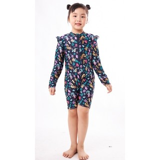 (1-8 tuổi) Bộ bơi dài tay bé gái, họa tiết nàng tiên cá, vải chống nắng, co dãn, có khóa kéo trước.
