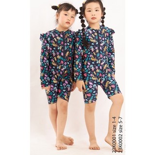 (1-8 tuổi) Bộ bơi dài tay bé gái, họa tiết nàng tiên cá, vải chống nắng, co dãn, có khóa kéo trước.