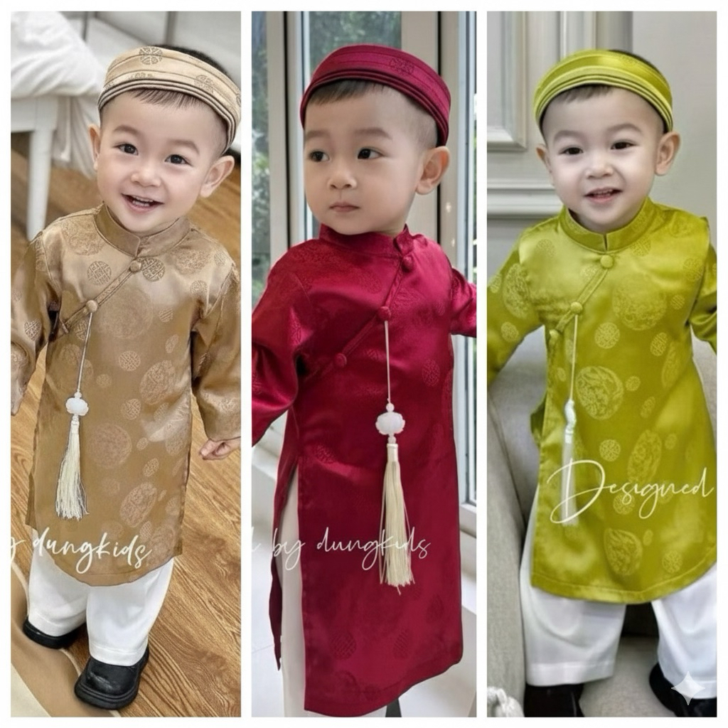 Set bộ áo dài Tết bé trai (Tặng mấn)CS675, N626, Set áo dài cách tân quần lụa kèm mấn, Set bộ ông đồ cho bé trai mặc tết